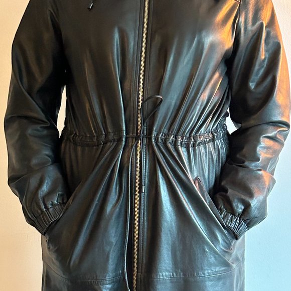 Black Leather Coat with hood - Picture 3 of 3